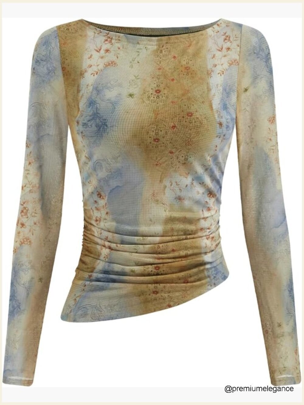 Womens Floral Print Long Sleeve Top Ruched Slim Fit Y2K T-Shirt Blouse